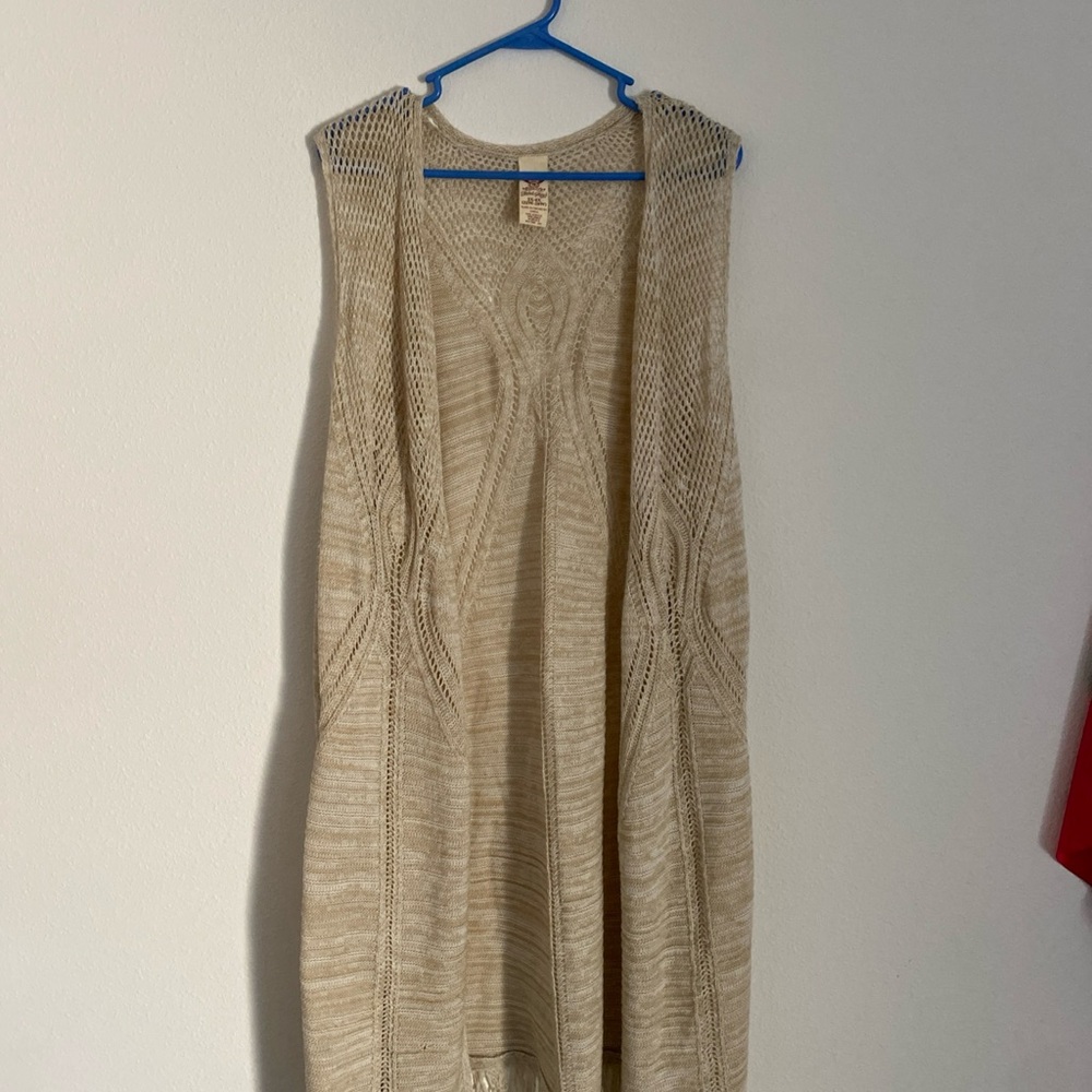 Faded Glory Women’s Long Open Knit Duster Cardigan Vest Fringe Hem 3X-4X